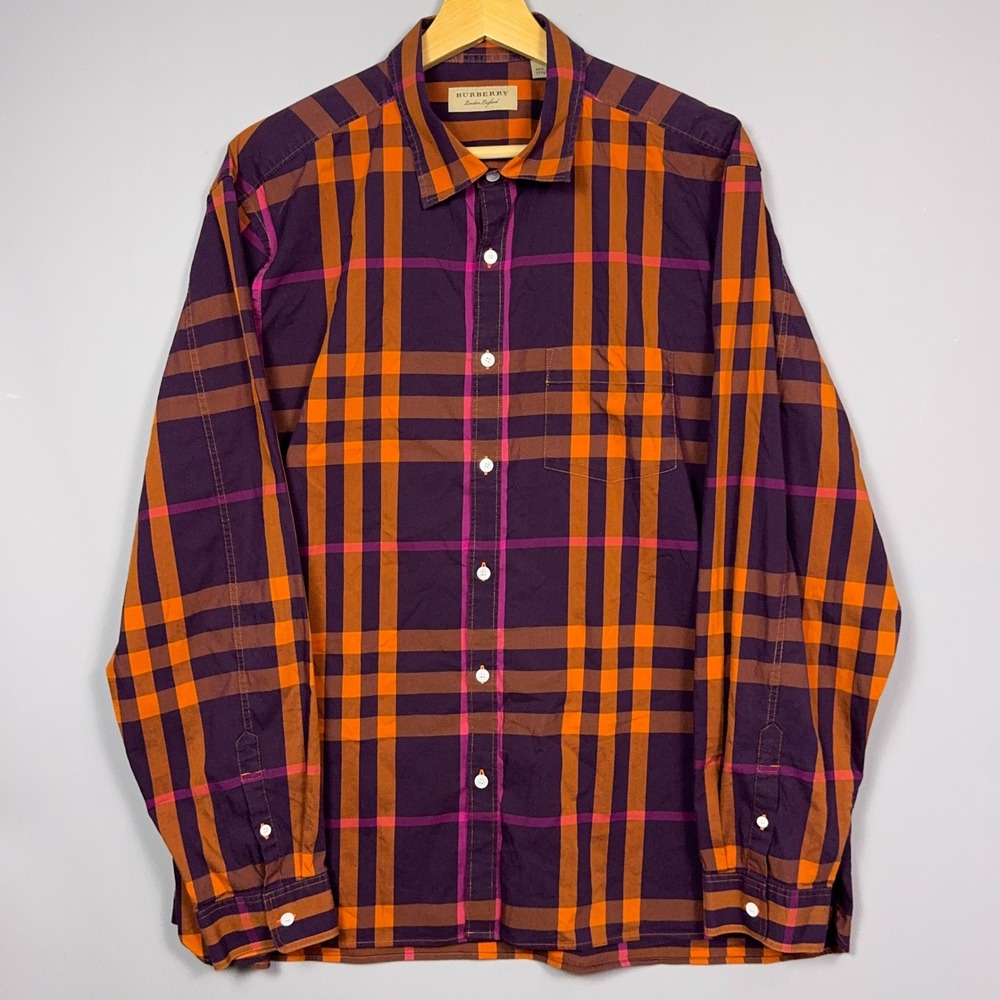 Burberry Check Shirt Mens Size XXXL Tall Cotton Purple Plaid
